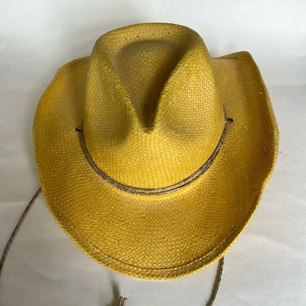 AUGUST Yellow Paper Straw Western Fedora Hat Elastic Band Cord String NWOT $75